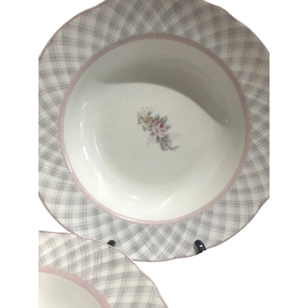 Jessica McClintock Westbury Court Clarise Soup Bowls Floral Pink Plaid Set of 3